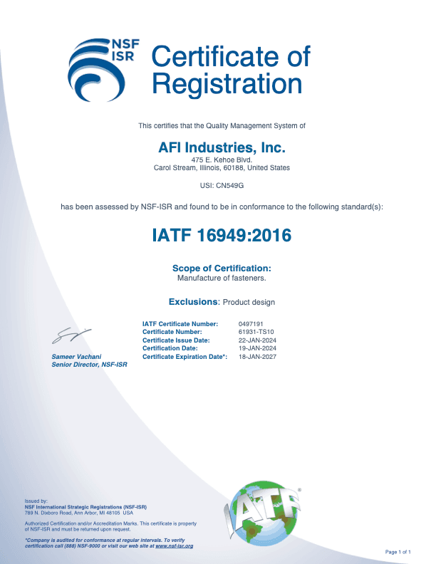 IATF 16949:2016 certificate for AFI Industries